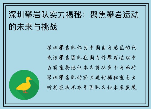 深圳攀岩队实力揭秘：聚焦攀岩运动的未来与挑战
